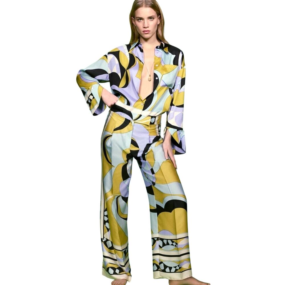 Zara Best Seller Abstract Print Satin High Waist Palazzo Pants Women’s Size M